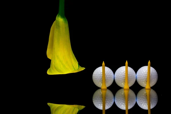 Lirio amarillo calla y pelota de golf en una placa de vidrio negro — Foto de Stock