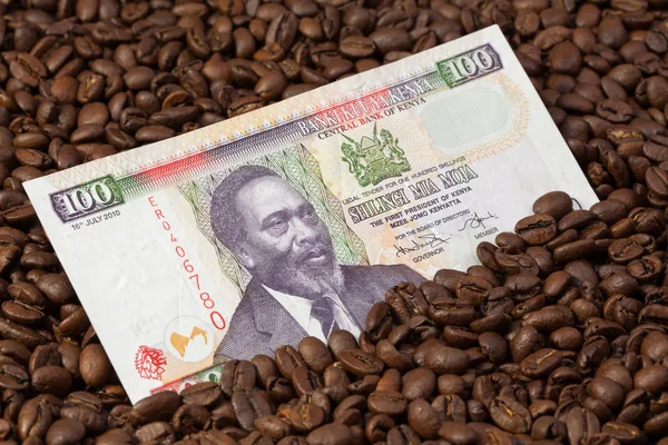 Kaffebönor och Kenya sedel — Stockfoto