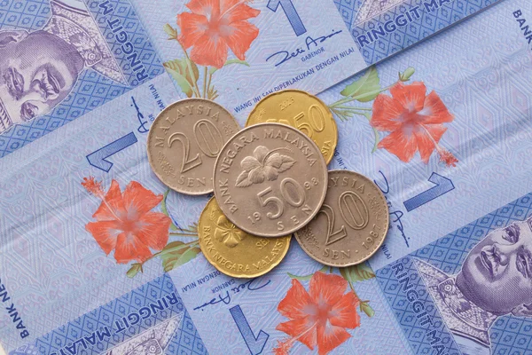 Notas e moedas de Ringgit da Malásia — Fotografia de Stock