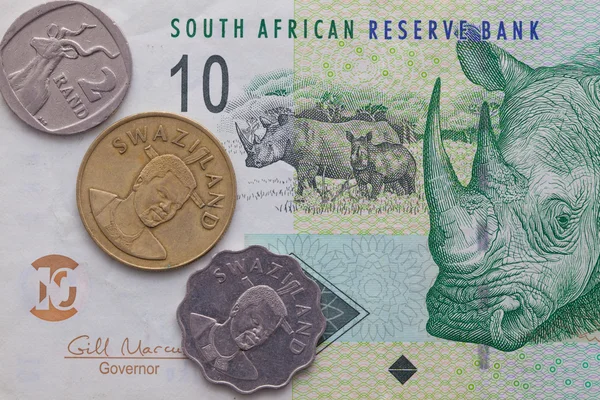 Banknote and coins of  Rand of South Africa — Stock Photo, Image
