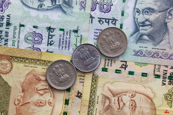 Different banknotes and coins  of Indian money — Stock Photo, Image