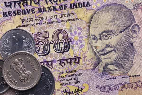 Different banknotes and coins  of Indian money — Stock Photo, Image