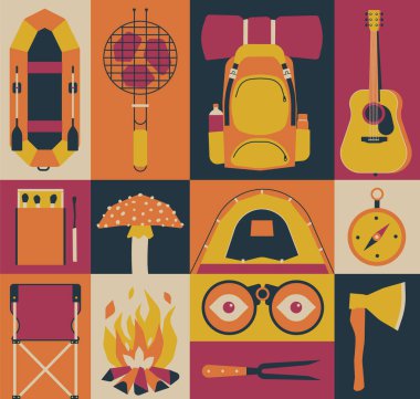 Kamp için vektör illüstrasyon ikonu. Tekne, barbekü, sırt çantası, gitar, kibrit, mantar, çadır, pusula, sandalye, şenlik ateşi, dürbün, balta..