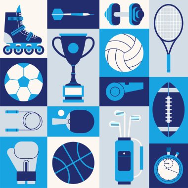 Vektör illüstrasyon spor ekipmanları seti. Paten, dart, dambıl, tenis raketi, futbol, fincan, voleybol, ıslık, rugby, boks, basketbol, golf, kronometre.