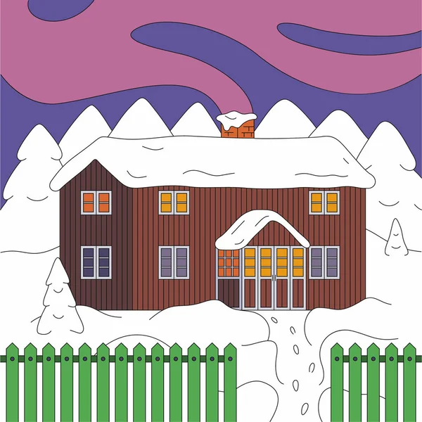 Ilustración Vectorial Calle Nocturna Invierno Con Casa Árbol Nieve — Vector de stock