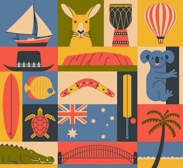 Vector Illustration Icon Set Australia Boat Kangaroo Drum Balloon Surfing — Stock Vector