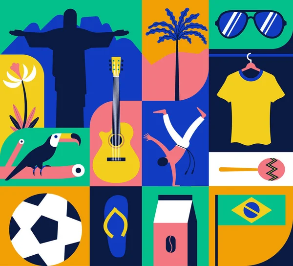 Brezilya 'nın vektör illüstrasyon ikonu, desen, renk arkaplanı. Heykel, çiçek, tukan, futbol, gitar, capoeira, kahve, palmiye ağacı, tişört, marakas, güneş gözlüğü, parmak arası terlik..