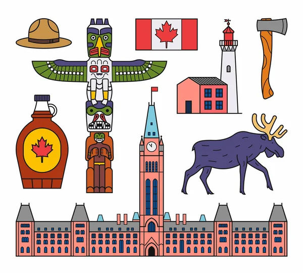 Illustrazione Vettoriale Del Canada Set Icone Contorno Sfondo Bianco Bandiera — Vettoriale Stock