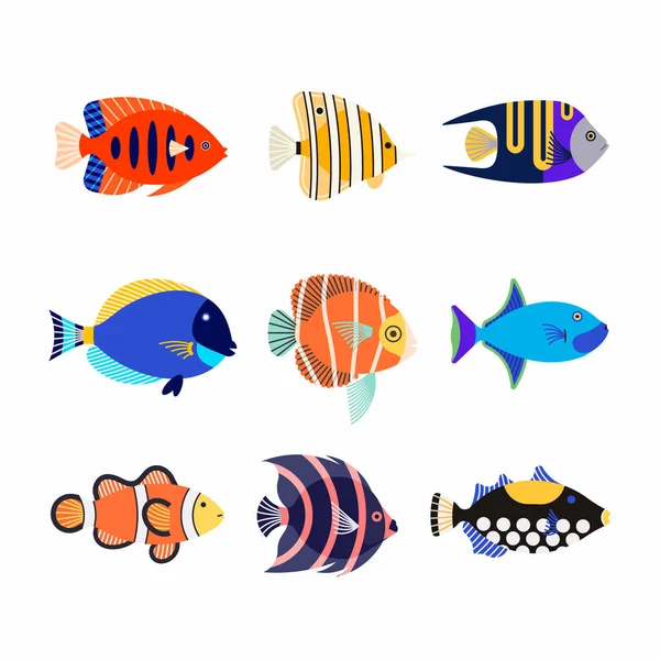 Icono Ilustración Vectorial Conjunto Dibujos Animados Lindo Colorido Diferentes Peces — Vector de stock