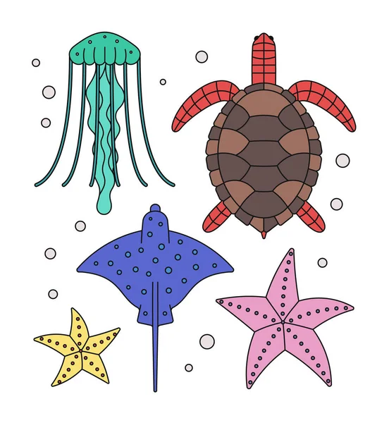 Icono Ilustración Vectorial Conjunto Criaturas Marinas Medusas Tortuga Raya Estrellas — Vector de stock