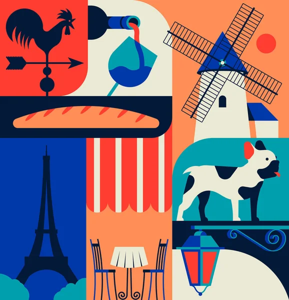 Vektorová Ilustrace Francie Sada Ikon Paříže Barevné Pozadí Plakát Kohout — Stockový vektor