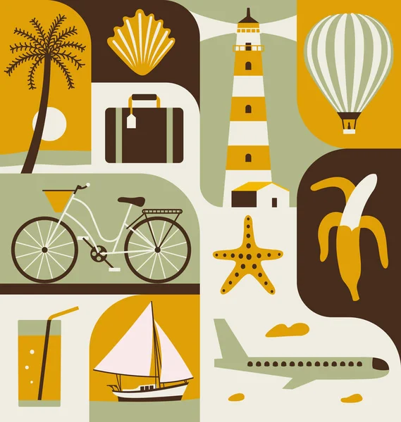 Vector Summer Illustration Flat Icon Set Travel Poster Background Palm — Stock Vector