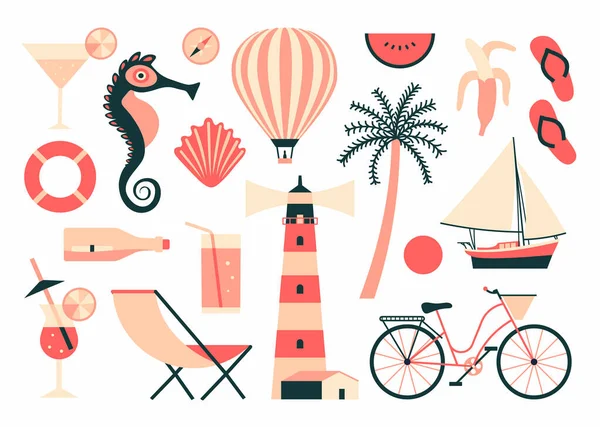 Vector Zomer Illustratie Platte Icoon Set Witte Achtergrond Reiscollectie Cocktail — Stockvector