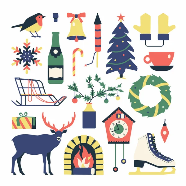 Vector Flache Illustration Symbol Set Von Weihnachten Winterkollektion Weißer Hintergrund — Stockvektor