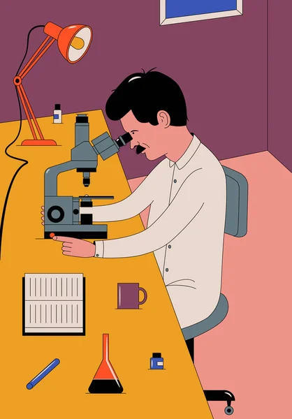 Laboratuvarda Mikroskobu Olan Bir Bilim Adamının Vektör Çizimi — Stok Vektör