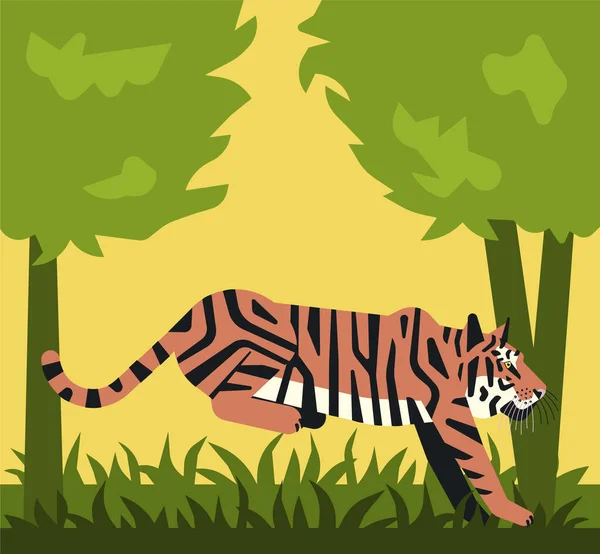 Ilustración Vectorial Tigre Saltando Bosque — Vector de stock