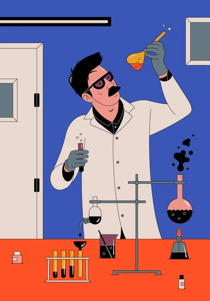 Vektorový Obrys Ilustrace Vědce Chemickou Baňkou Laboratoři Stock Vektory
