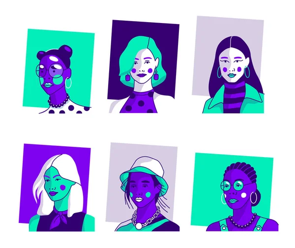 Набір Портретів Жінок Різної Статі Віку Векторна Контурна Ілюстрація Аватар Ліцензійні Стокові Вектори