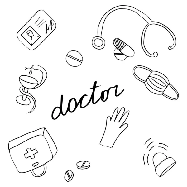 Conjunto Ícones Doodle Vetorial Sobre Temas Médicos Sobre Médicos Saúde — Vetor de Stock