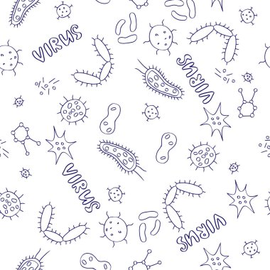 Mikroplar ve bakteriler konusunda vektörsüz karalama doğrusal resim çizimi. Herhangi bir temanın, pankartın, yaratıcının ve duvar kağıdının tasarımını ayır.