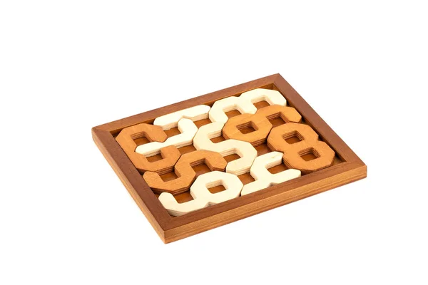 Wooden Puzzle Digitales Puzzle Ordnete Elemente Innerhalb Der Holzkiste Der — Stockfoto