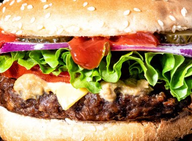 Susamlı çörek, sığır pirzolası, domates, soğan, peynir ve salatalıktan oluşan bir peynirli makarna. Gıda arka plan kavramı.