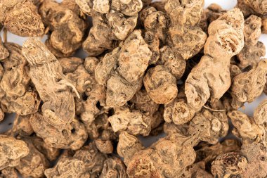 Galangal köklerinin en üst görüntüsü. Galangal kökenli. Galangal kökü yemek ve alternatif tıpta kullanılır..