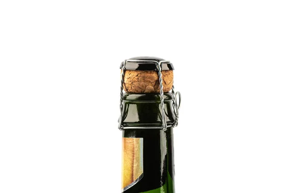 Close Bottle Champagne White Background Muselet Holding Cork Champagne — Stock Photo, Image