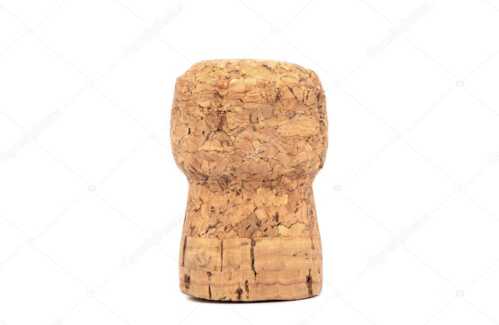 Champagne cork closeup isolated on white background. Copy space.