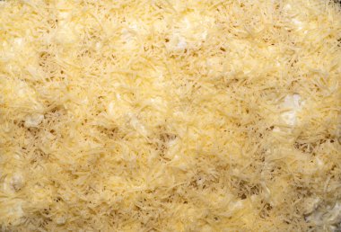 Üstünde rendelenmiş peynir olan tam pişmemiş lazanya dilimi. Gıda arkaplanı.