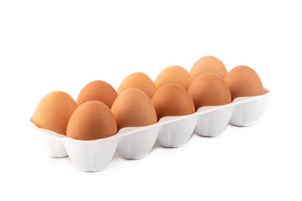 Zehn Braune Eier Auf Weißem Kunststoffsubstrat Isoliert Auf Weißem Hintergrund — Stockfoto