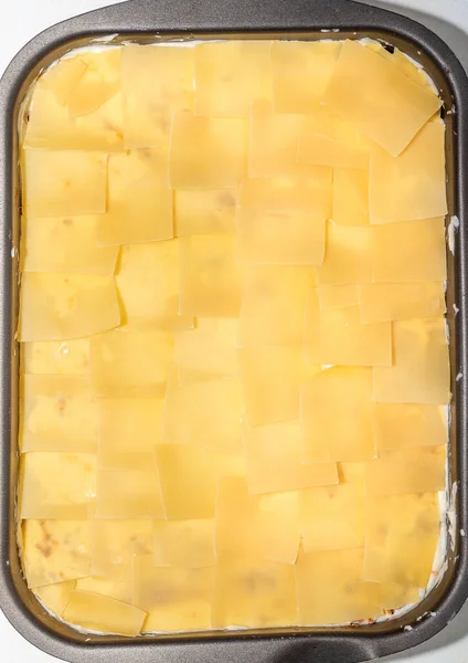 Lasagnen Klar Att Baka Ugnen Göra Lasagne Hemma — Stockfoto