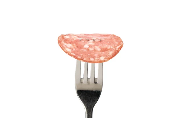 Thin Slice Cooked Smoked Sausage Fork Close Copy Space — Stock Photo, Image