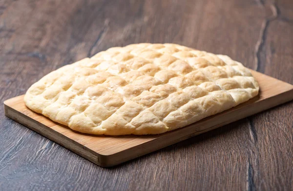 Freshly Baked Homemade Wheat Tortilla Wooden Cutting Board Close — Stock Photo, Image