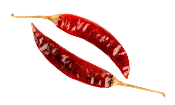 Dos vainas de chile rojo picante aisladas sobre fondo blanco. — Foto de Stock