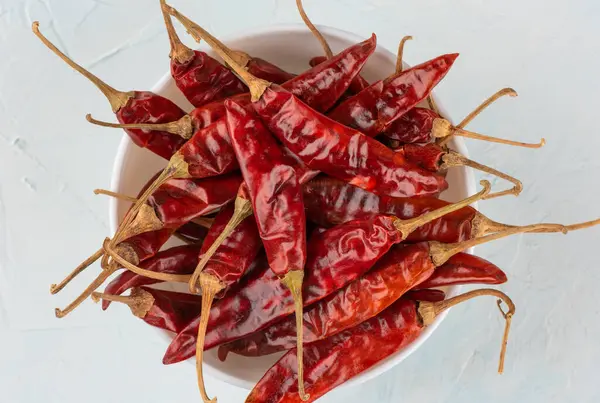 Top View Dried Hot Pepper Pods White Bowl Close Copy — Stock Photo, Image