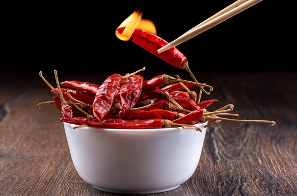 Burning Hot Pepper Pod Chopsticks Flame Pepper Pod Copy Space — Stock Photo, Image