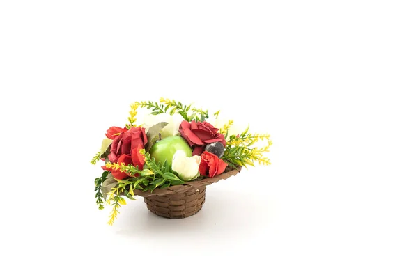 Artificial Fruits Flowers Wicker Basket Basket Flowers Fruits White Background — 스톡 사진