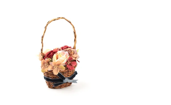 Artificial Roses Wicker Basket White Background Basket Flowers White Background — 스톡 사진