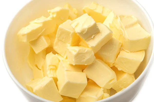 Fresh Butter Cubes Close White Bowl Fresh Dairy Products — Stock Photo, Image