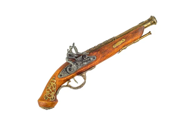 Modelo Una Vieja Pistola Polvo Con Incrustaciones Bronce Aislado Sobre —  Fotos de Stock