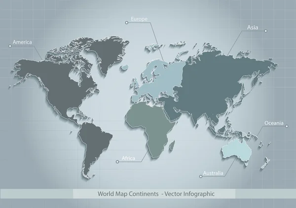 Weltkarte Kontinente blauer Vektor - einzelne separate Kontinente - Europa Asien Afrika Amerika Australien Ozeanien — Stockvektor