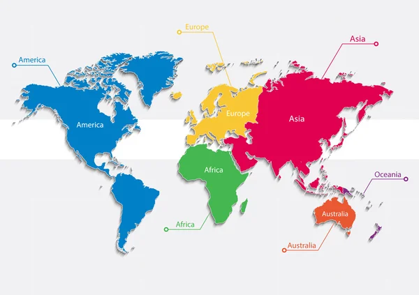 Wereld kaart continenten kleuren vector - individu scheiden continenten - Europa Azië Afrika Amerika Australië — Stockvector