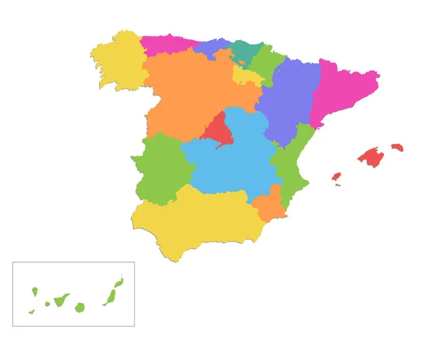 Spanien Karta Administrativ Indelning Separata Enskilda Regioner Färgkarta Isolerad Vit — Stockfoto