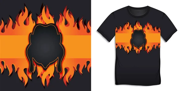 Shirt Desain Grafis Hitam Dengan Api Terbakar Dan Bbq Ayam - Stok Vektor