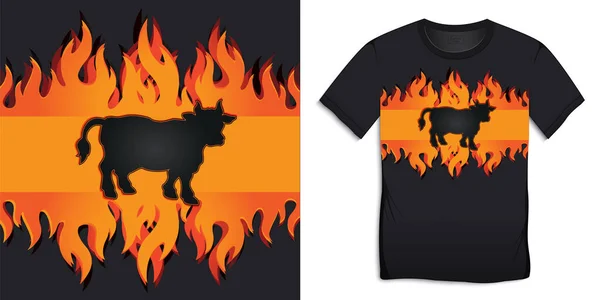 Shirt Desain Grafis Sapi Hitam Dengan Api Terbakar Dan Bbq - Stok Vektor