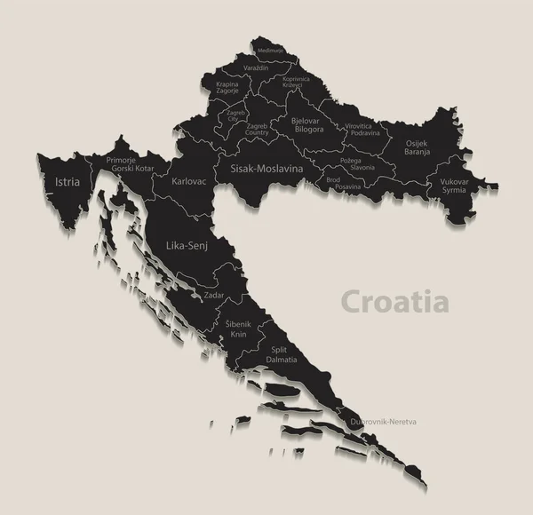 Černá Mapa Chorvatska Názvy Regionů Design Tabule Vektor — Stockový vektor