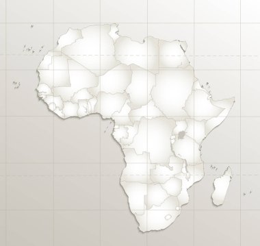 Afrika haritası renkli, yeni politik ayrıntılı harita, ayrı ayrı devletler, devlet şehri ve deniz isimleriyle, doğal kağıt 3D gölgesi boş