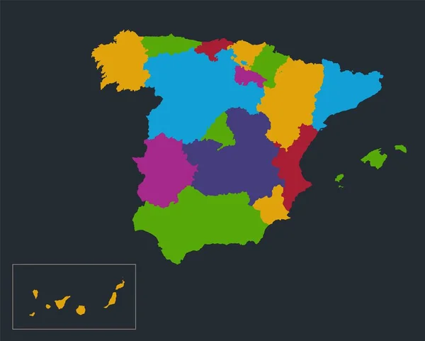 Карта Испании Плоские Цвета Дизайна Отдельные Регионы Синий Фон Пустой — стоковое фото
