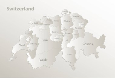 İsviçre haritası idari bölümü bölgeleri ve isimleri, kart kağıdı 3D doğal vektörü ayırır